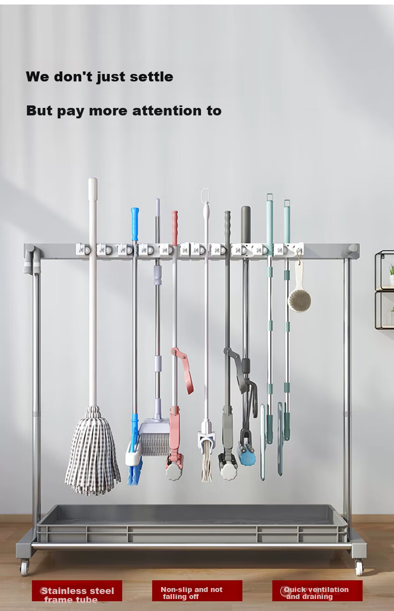 Yagao Stainless Steel Mop Rack, Floor-Standing Mobile Mop Holder, Cleaning Tool Storage Organizer with 5 Mops And 6 Hooks 3
