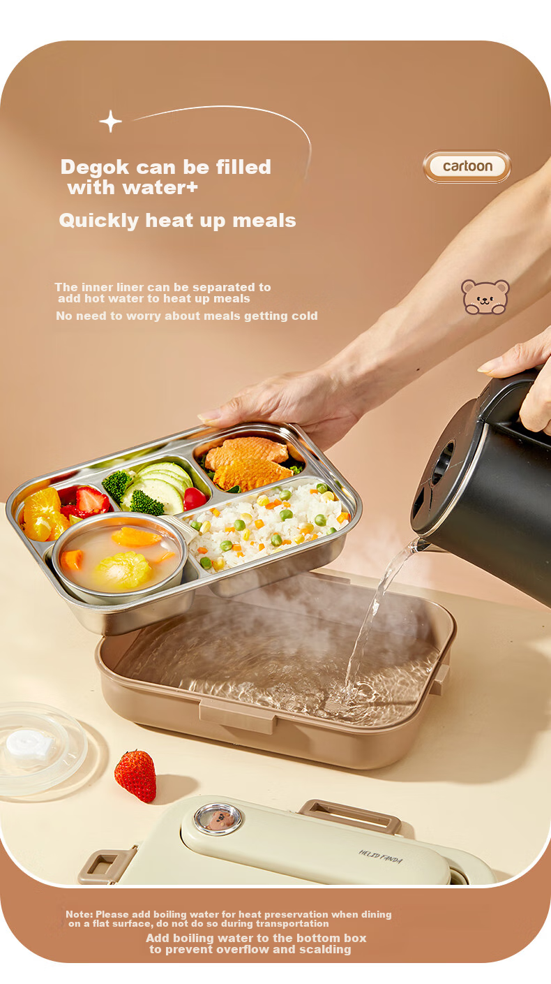 WORTHBUY 304 Stainless Steel Lunch Box for Office Workers, Meal Container with Compartments for Students' Cafeteria, Rice Serving Tray, Beige with 5 Compartments + Bag 7