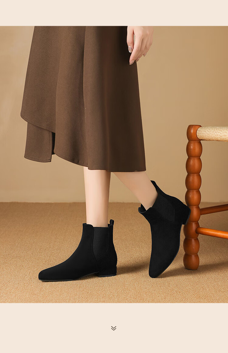 ZHR Women's Autumn Winter Suede Pointed Toe Fleece-Lined Chelsea Boots, Versatile Commuter Chunky Heel Boots K379A Black Size 36 5