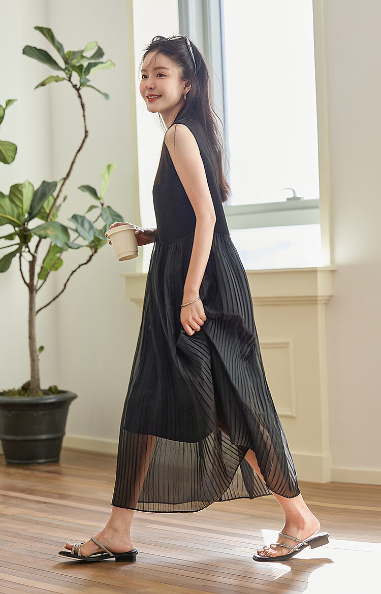 Demana Irregular Waistline Design Spring Literary Pleated Sleeveless Pleated Slimming Women's Dress 6