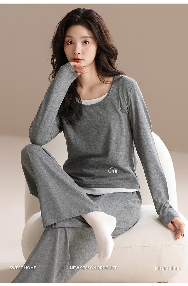 Yiershuang 100% Cotton Women's Sleepwear Spring Autumn Long Sleeve Round Neck Two-Piece Set Loose Homewear Suitable for Outdoor Wear 2