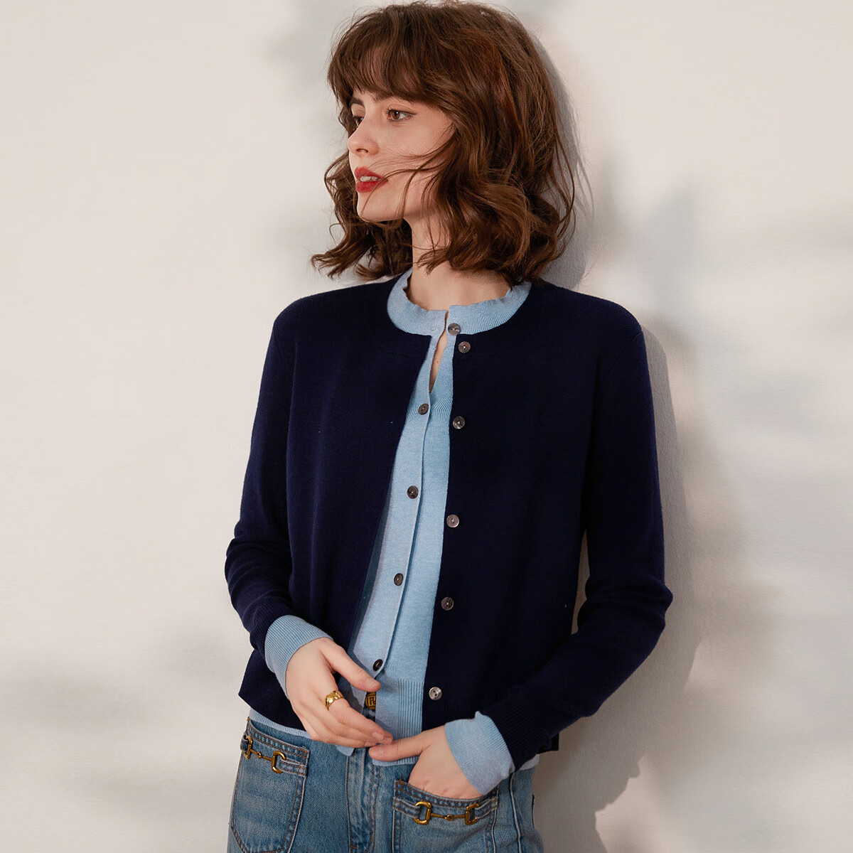 LOUISYAO Spring Autumn Two-Piece Colorblock Knit Round Neck Single-Breasted Long Sleeve Cardigan Women Navy Blue with Blue Patchwork 1 XL
