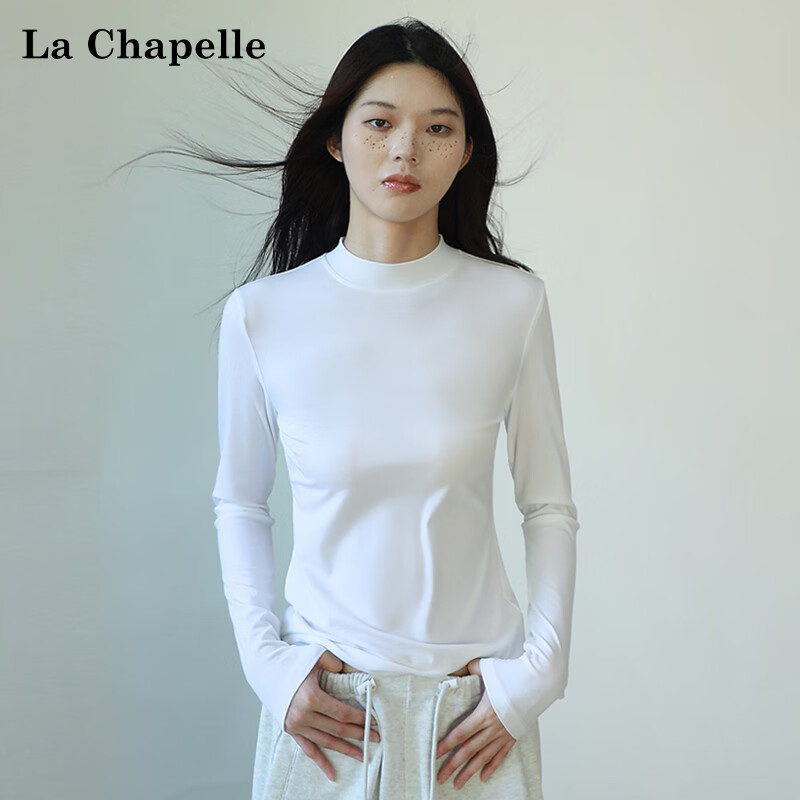 La Chapelle Spliced Semi-Turtleneck Long-Sleeve Top, Spring And Autumn Stylish Slim-Fit Versatile Women's T-Shirt, Inner Layer Base Shirt, White, S
