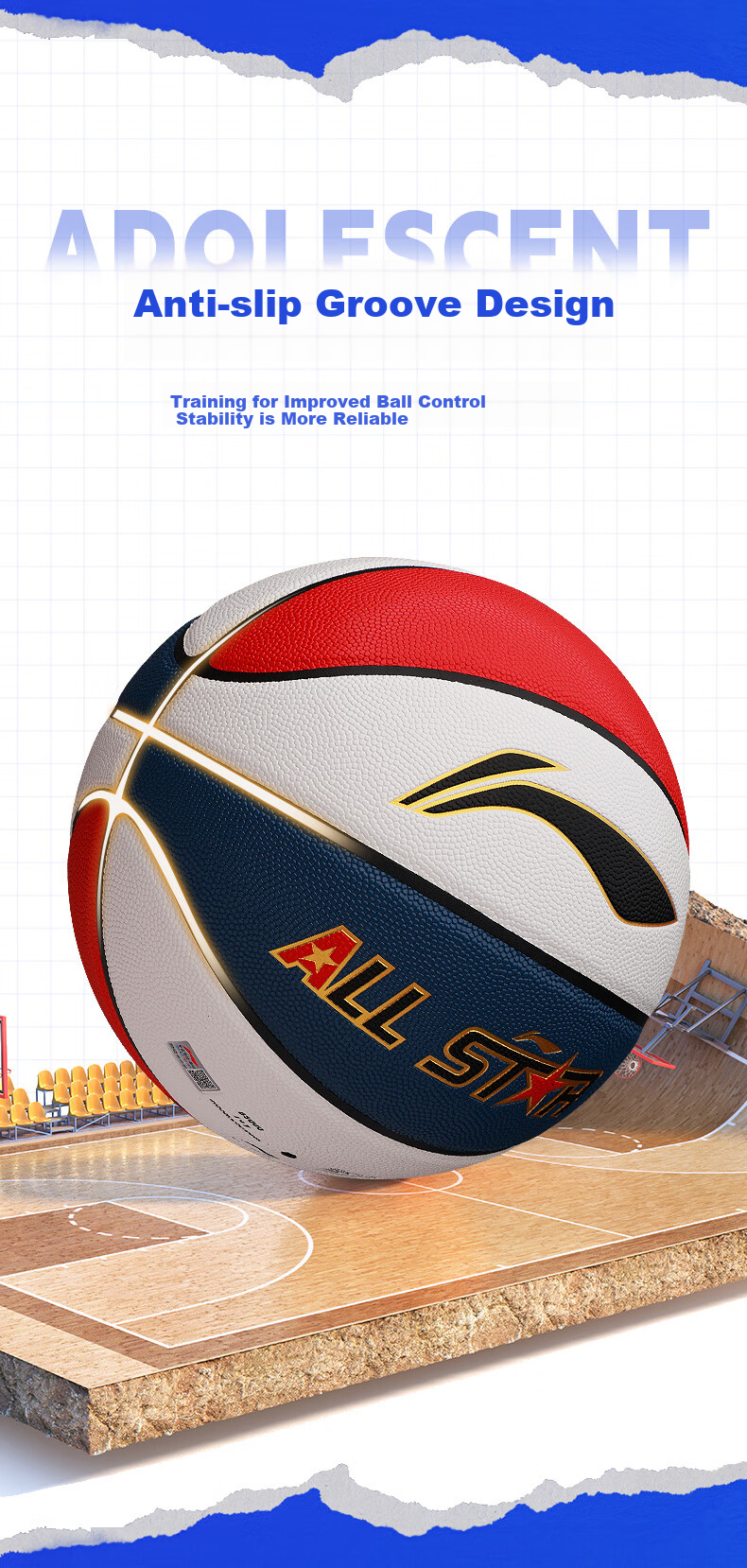 Li-Ning Basketball Size 5 for Children, Kindergarten, Elementary School Students, Indoor And Outdoor Use on Cement Courts, Youth Non-Slip Wear-Resistant PU Basketball, Blue Color 8