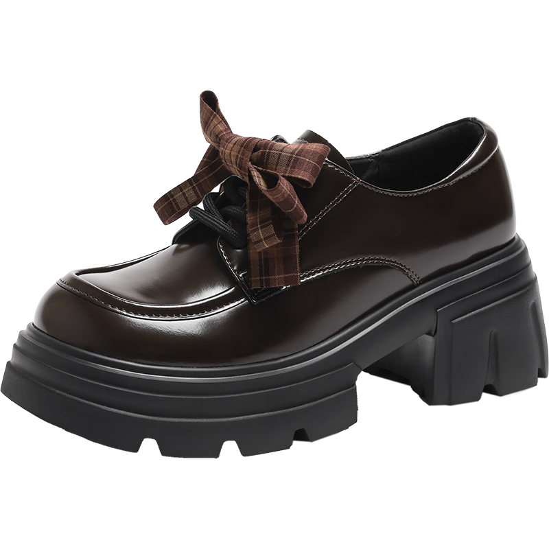 Josiny Women's Small Leather Shoes 2025 New Autumn Thick Sole Bowknot Loafers Soft Sole with Skirt Brown Size 39