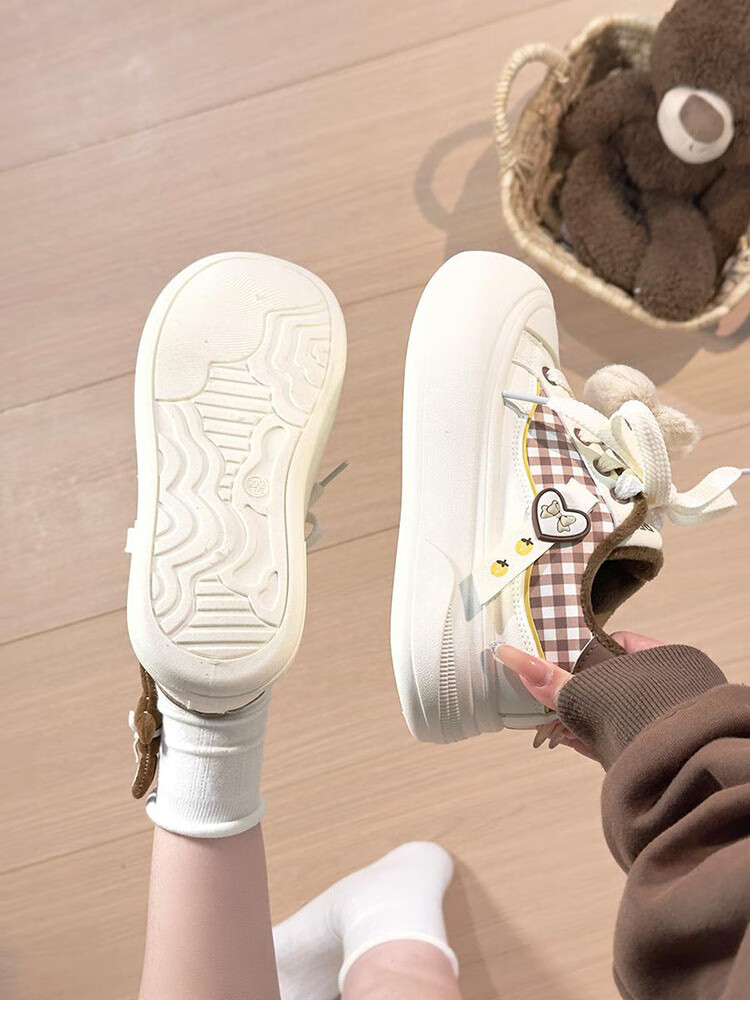 Renben Fleece-Lined Women's Cartoon White Shoes Winter New Cotton Shoes Thick Sole Casual Shoes Khaki Cotton Shoes Size 39 9
