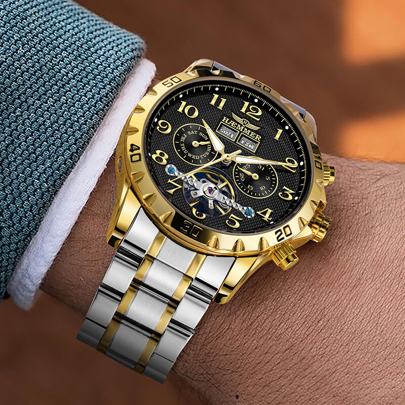 HAEMMER Men's Mechanical Skeleton Watch Perpetual Calendar Steel Band Luminous Ultra-thin Top 10 Brand Wristwatch Birthday Gift 3