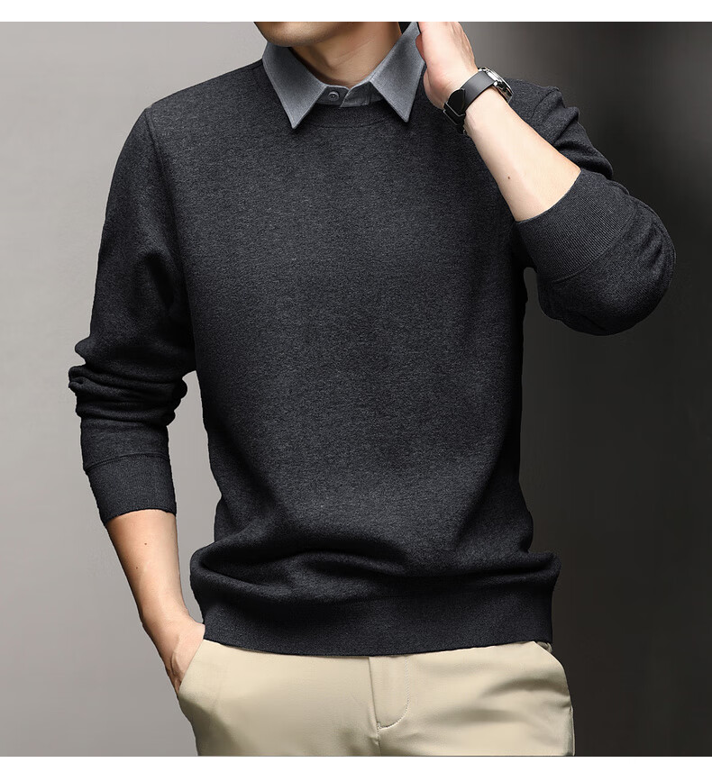 Hengyuanxiang Men's Autumn New Fake Two-Piece Knit Sweater, Business Casual Fleece-Lined Pullover for Young and Middle-Aged Men 14