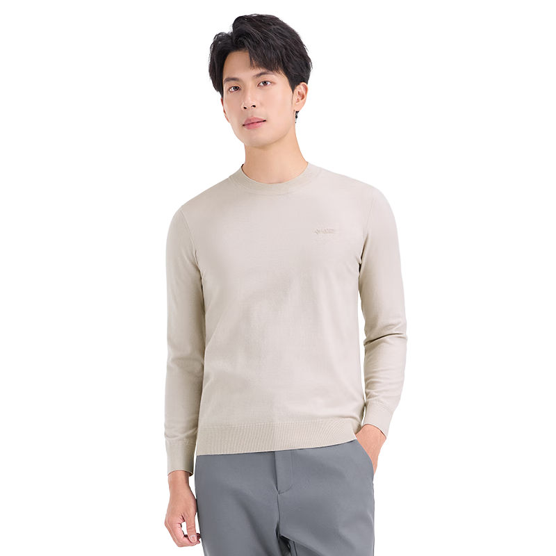 Laxton Men's Long Sleeve Knitted Sweater Autumn Winter Heat Retention Warm Round Neck Pullover Solid Color High Elasticity Light Apricot L