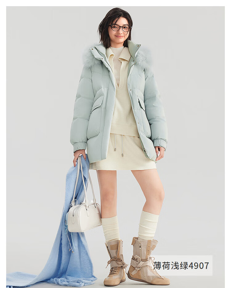 Bosideng Off-Season Women's 90% Down Thickened Stand Collar Loose Mid-Length Large Fur Collar Mall-Style Down Jacket 8