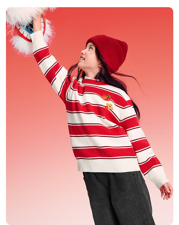 Balabala [balaOne] Kids Boys and Girls Striped Knit Sweater Red New Year Festival Autumn Winter Children's Sweater 6