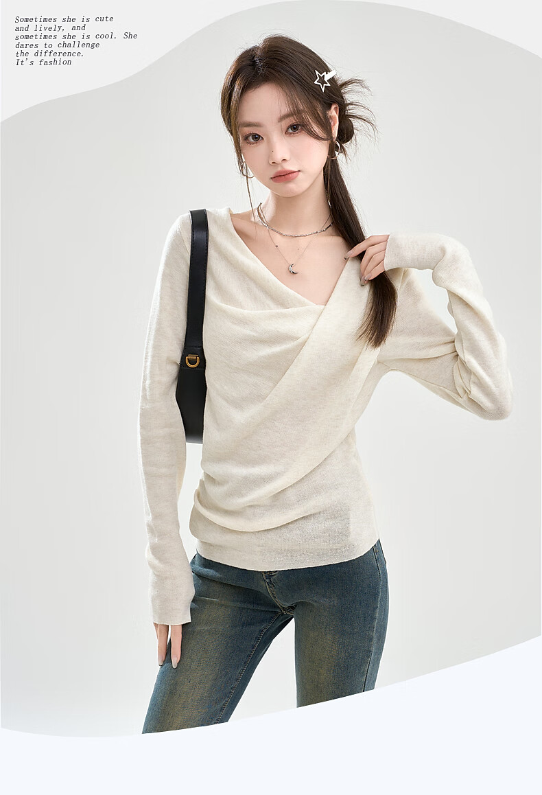 La Chapelle Women's Slim Fit V-Neck Pleated Knit Top T-Shirt in Apricot, Size S 10