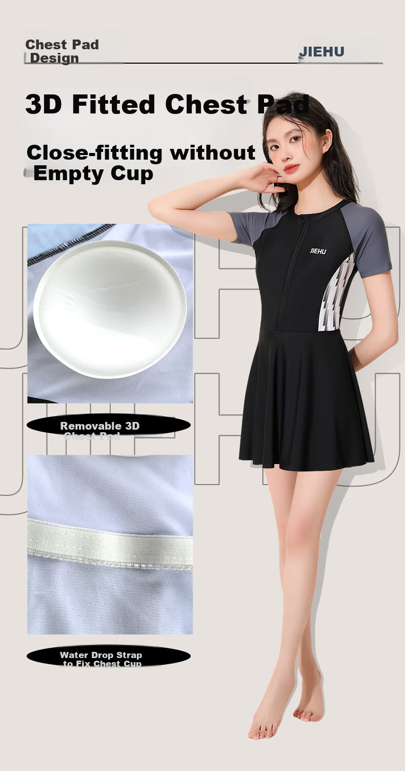 Jiehu One-Piece Swimsuit Dress for Women, Conservative Swimwear for Hot Springs And Swimming, Tummy Control Slimming Chlorine-Resistant Quick-Dry Swimsuit, Off-White, XL 6