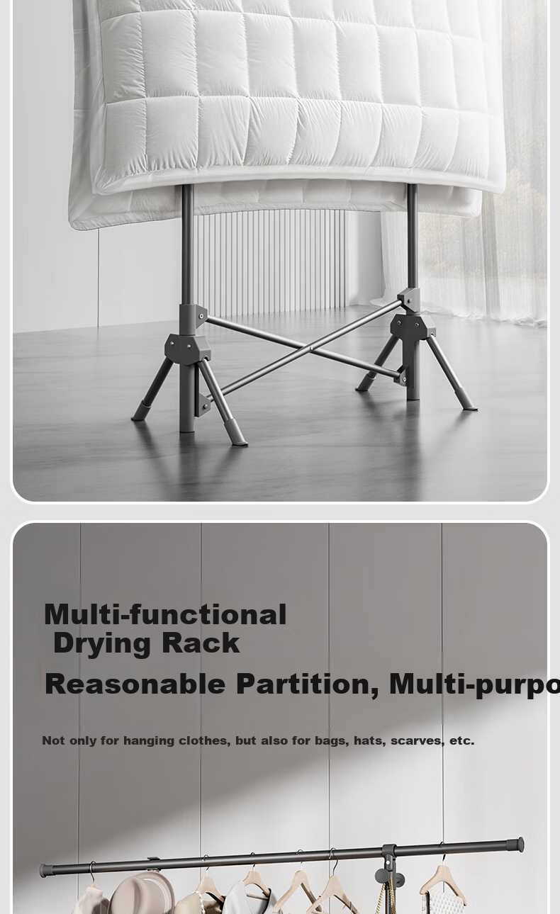 MAPLE FASHION Foldable Portable Clothes Drying Rack, Indoor Single-Pole Laundry Stand, Balcony Quilt Drying And Hanging Rod, 1.6 Meters, Gray 4
