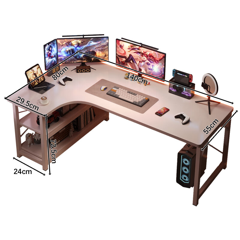 Shanshan Woodcraft Corner Computer Desk Double Desktop Home Study Desk with Bookshelf Integrated Bedroom Gaming Corner Office Desk