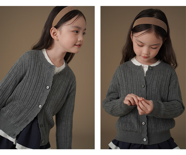 Hacikis Kids Spring and Autumn Knitted Cardigan Simple High-End Feel Skin-Friendly Girls' Mid to Big Kids Gray 160 5