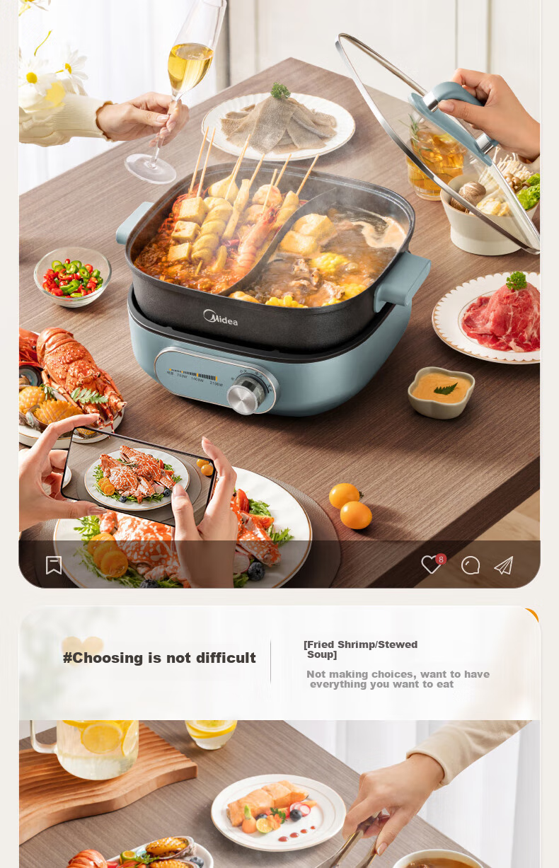 Midea Electric Hot Pot, Dual-Sided Pot for Home Use, 4-6 People, 6L Capacity, Titanium And Ceramic, Zero Fluorine, Antibacterial, Dormitory Style, Detachable Design, 9CM Deep, Multifunctional, Bionic Non-Stick Pot, New Electric Cooker, Self-Operated 17