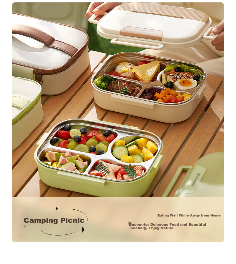Joyoung 316L Lunch Box for Students And Office Workers, Bento Box with Chopsticks And Spoon, Large Capacity Four-Compartment Meal Container, 1500ML, Gree 1
