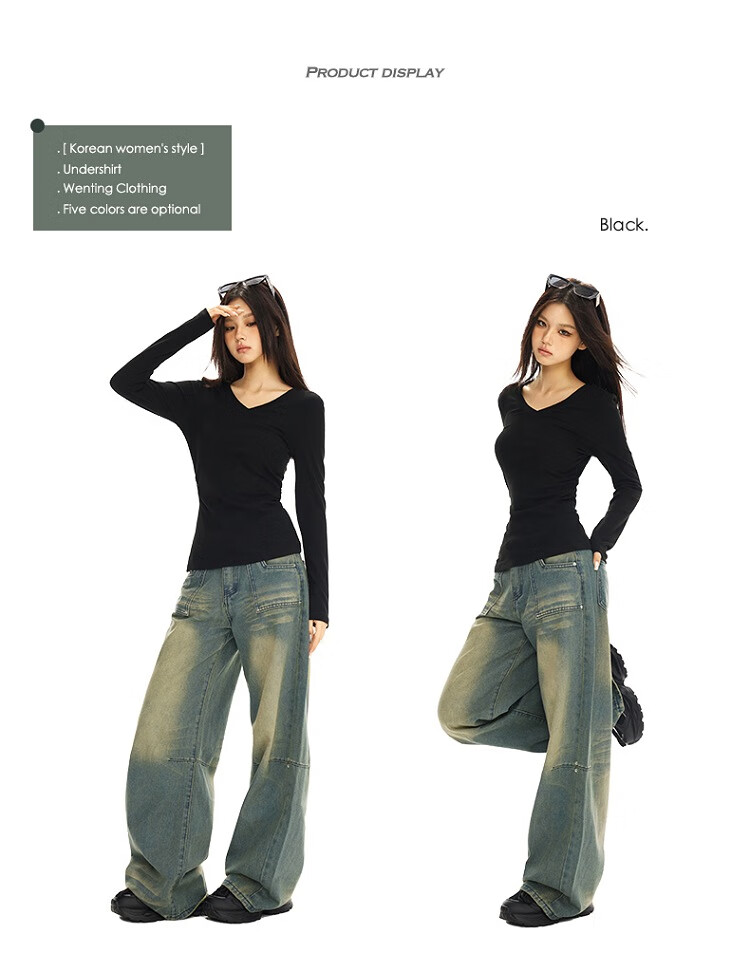 La Chapelle Black V-Neck Long Sleeve Slim Fit T-Shirt for Women 2025 Autumn Winter New Black XL 3