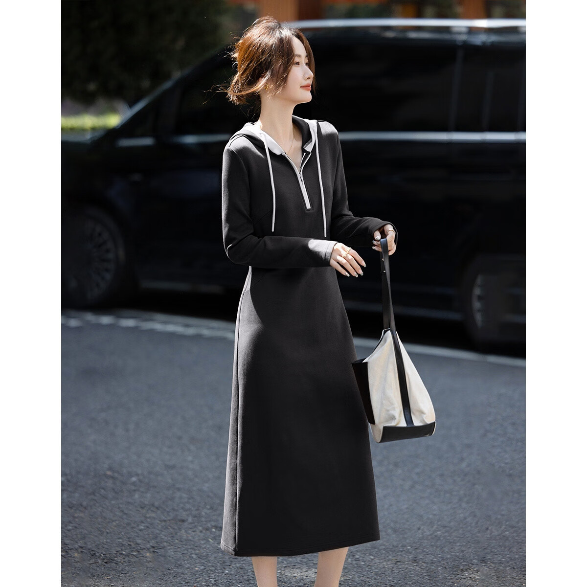 Dme [Shudan 280G Air Layer] Autumn Contrasting Color Hooded Split Pleated Waist-Cinching A-Line Women's Dress