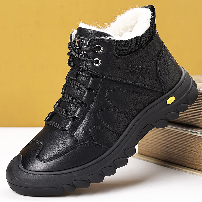 Hengyuanxiang Men's First Layer Cowhide Autumn Winter Fleece-lined Martin Boots Lace-up Work Cotton Shoes J0998 Black 39