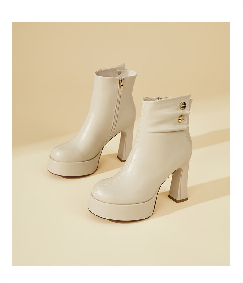 DAPHNE Side Zipper Fashion Elegant High Heel Short Boots Women Thick Heel Fleece-lined Slim Boots Black 37 11