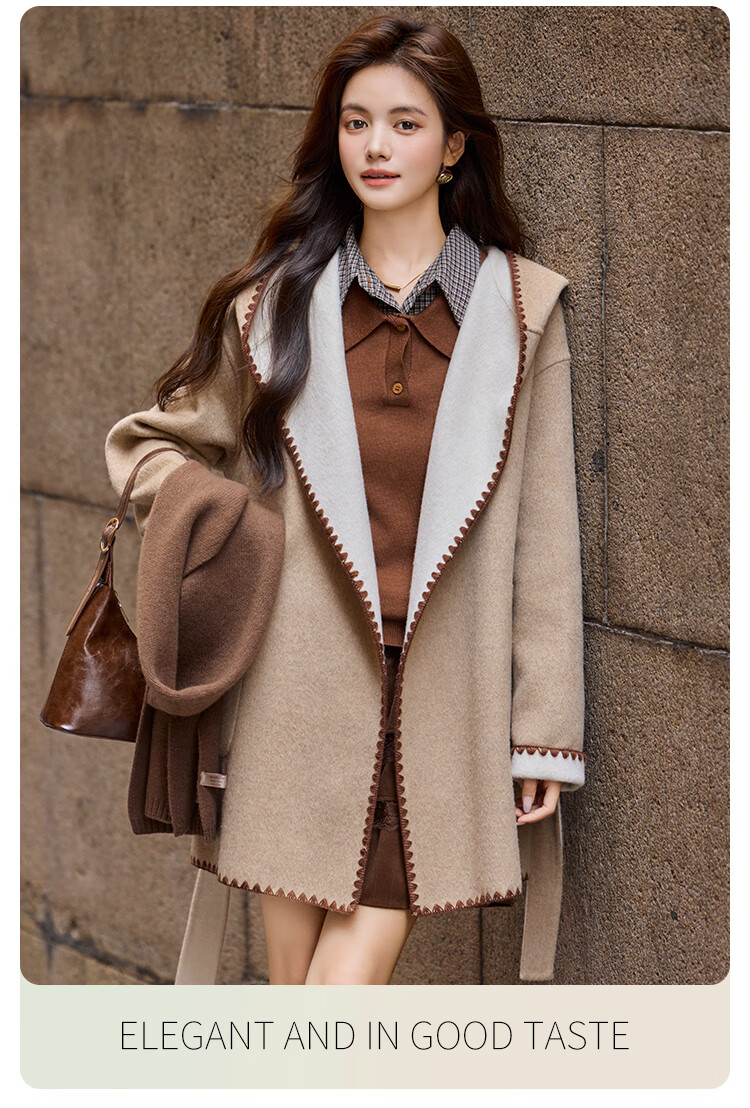 Bailuyu Hooded Wool Blend Double-Faced Woolen Coat 25 Winter New Elegant Fashion Mid-Length Women's Oatmeal XL 4