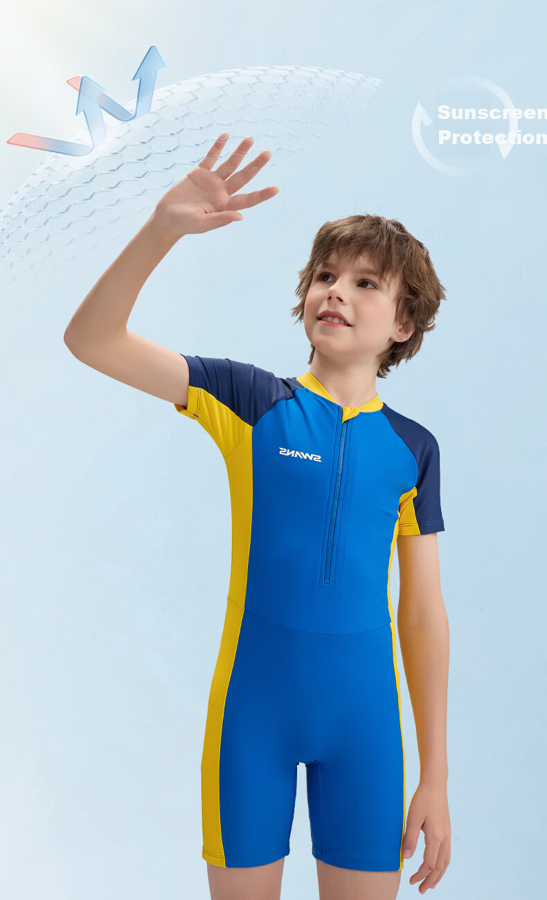 SWANS Children's Swimsuit, Boys' One-Piece Swimwear, Chlorine-Resistant, Quick-Drying, Sun Protection, Surfing Suit, Blue, Size 150 5
