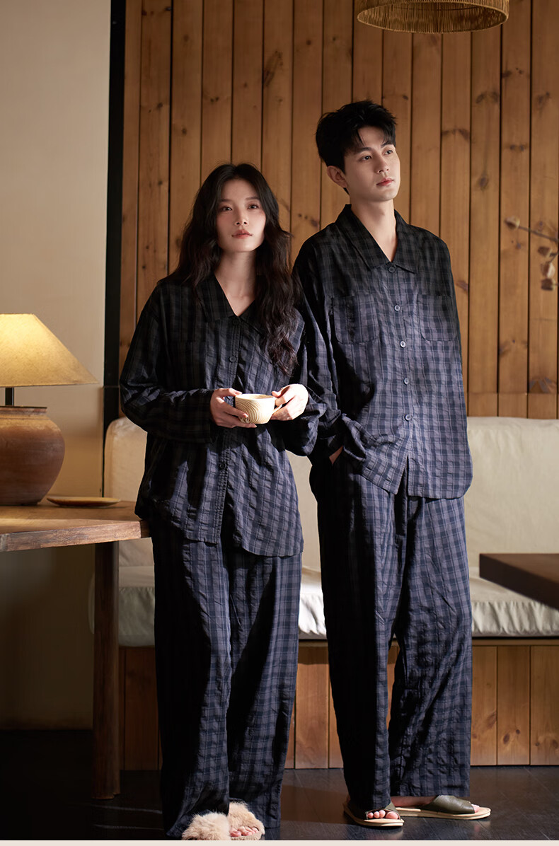 Shaqian New Vintage Coin Style Couples Pajamas 2025 Autumn Bubble Woven Cotton Women's Plaid Loungewear Men's Set 5