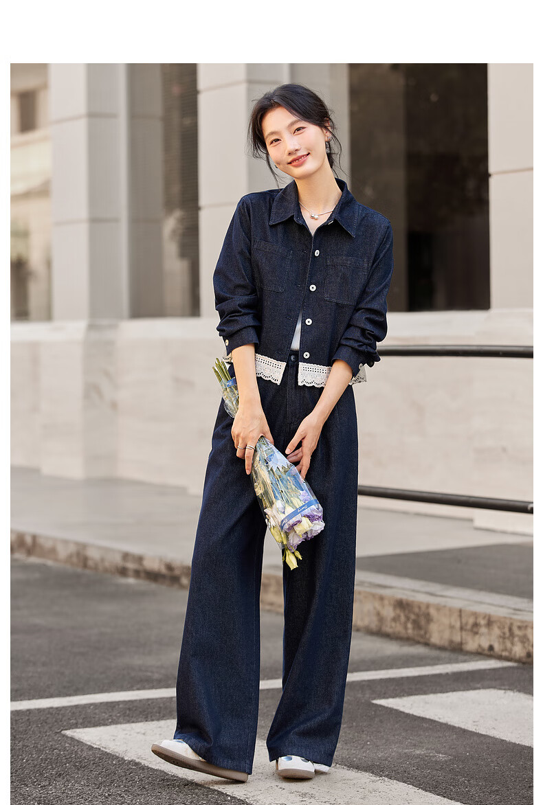 Fanshi Man Lace Trim Denim Set Women Autumn New Lapel Jacket and Pants Two-Piece Set Denim Blue XL 8