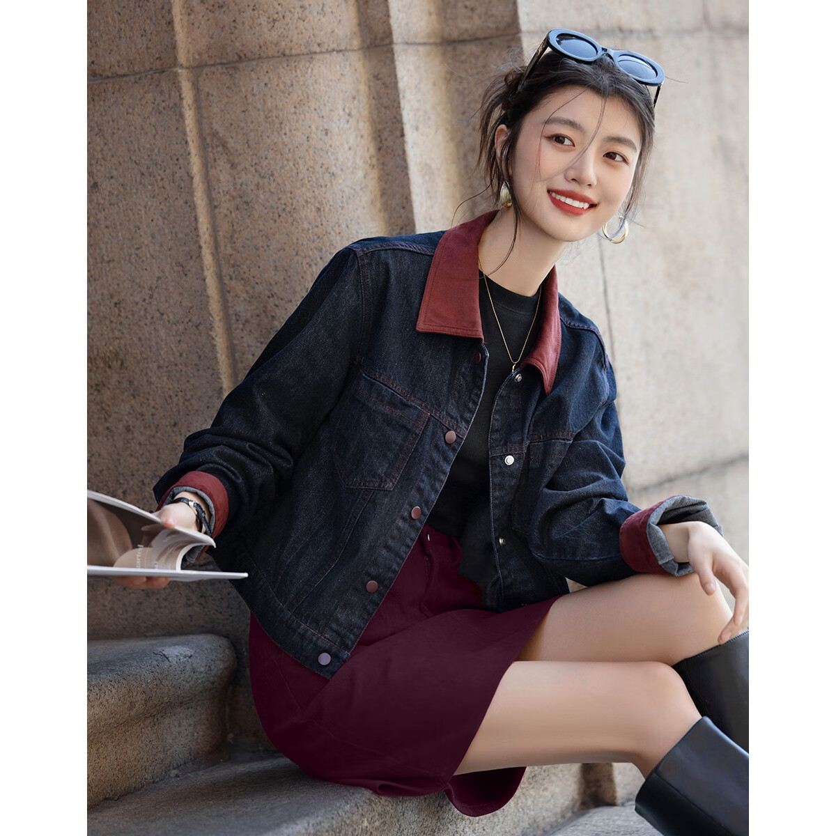 Demana [Denim Breathing Rule] Autumn Cloud Oxygen Cotton Suede Splicing Color-Blocked Piped Loose Fit Women's Denim Jacket