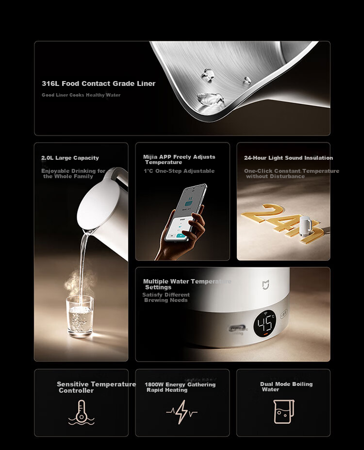 Mijia Xiaomi Constant Temperature Electric Kettle 3Pro, 316L Mother And Baby Grade Stainless Steel Household Water Boiler, Automatic Power-Off And Heat Preservation Integrated, 2L Large Capacity 3