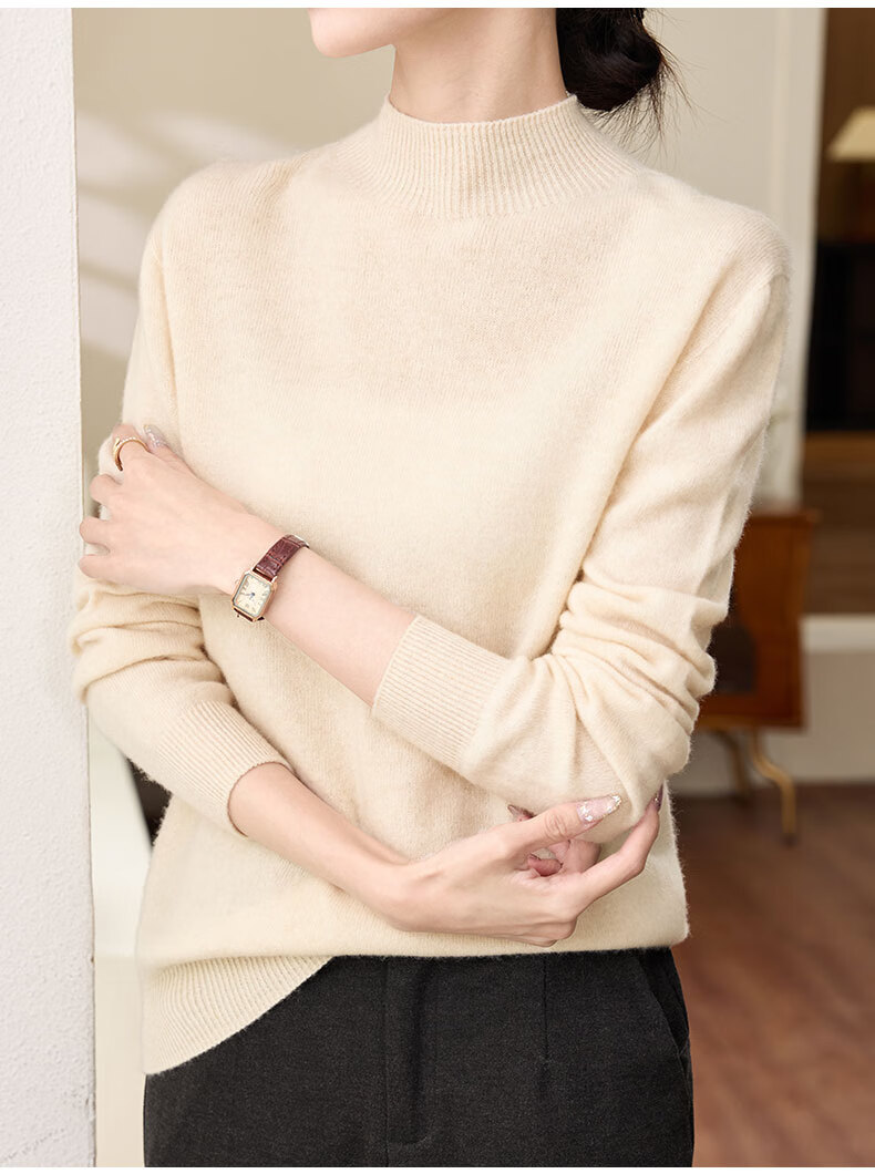 YUZHAOLIN 100% Pure Wool Slim Fit Half Turtleneck Knit Pullover Sweater for Women, Apricot 5