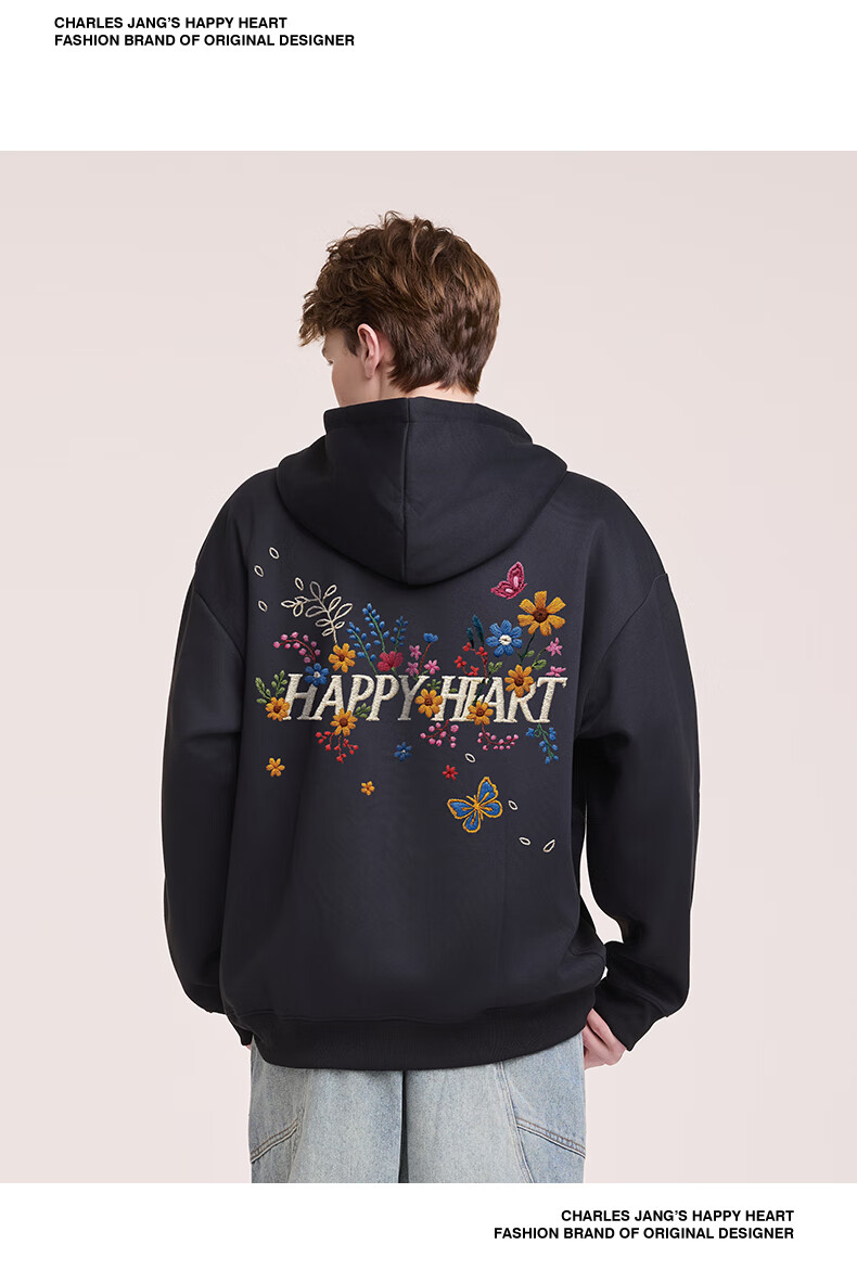 Charles Peach Heart New Autumn Love Embroidery Print Couple Jacket American Style Hooded Versatile Cardigan Sweatshirt Black S 7