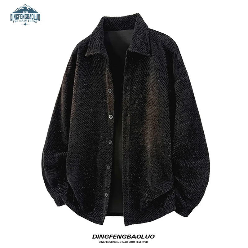 Dingfengbaoluo American Style Casual Men's Jacket Autumn Trendy Textured Loose Cardigan Long Sleeve Coat XCH65 Black M