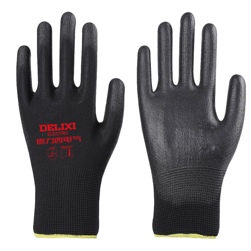 DELIXI ELECTRIC PU Coated Palm Dipped Work Gloves Breathable Anti-Slip Wear-Resistant Lightweight Nylon Assembly Gloves for Electronics Factory, Black PU Palm Coating, 12 Pairs