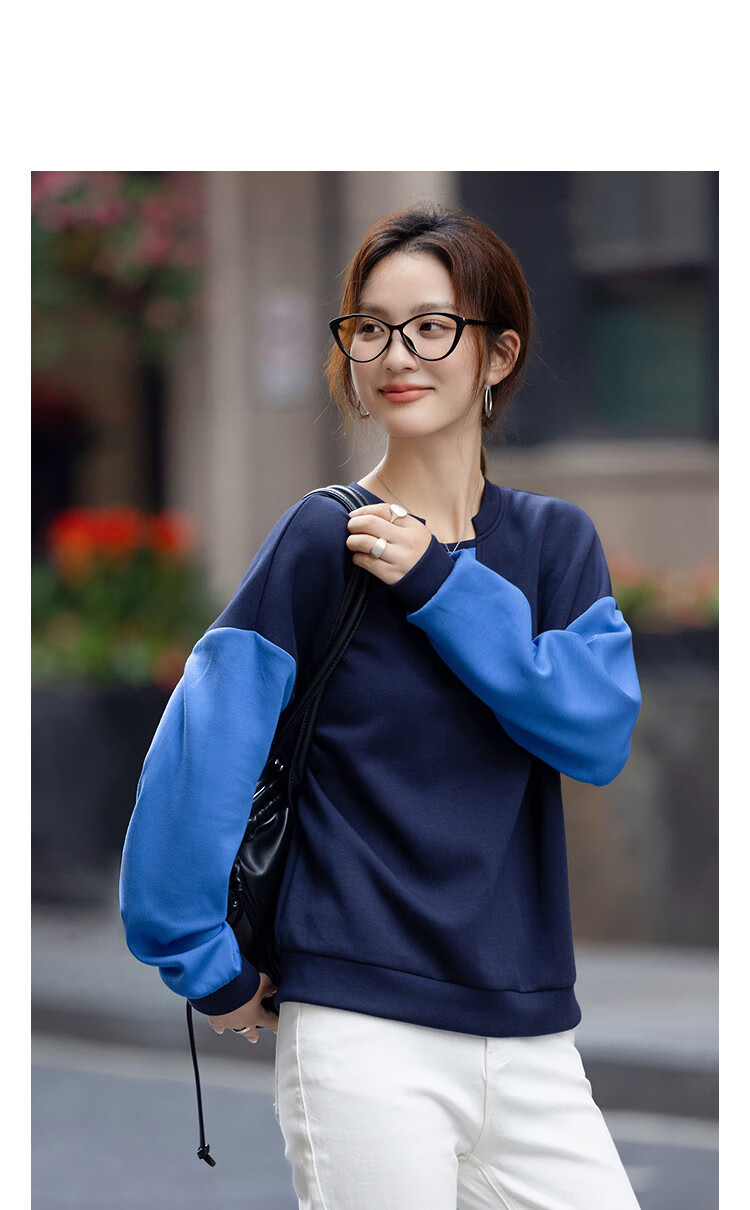 Demana [350G Brushed Air Layer Warmth] Winter Korean Style Colorblock Patchwork Crewneck Loose Sweatshirt for Women 1