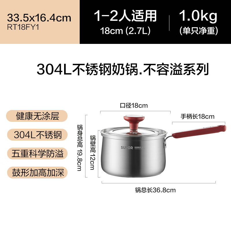 SUPOR Milk Pot, 18cm Stainless Steel Non-Spill Series, Heightened And Deepened, Baby Food Pot, Soup And Noodle Pot, Suitable for Open Flame And Induction Cooktops