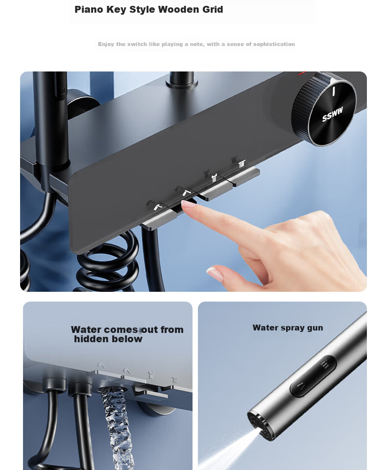 SSWW Bathroom Shower Head, Piano Shower Head Complete Set, Integrated Shower System, Fine Copper Bathroom Shower Sprayer TS9 5