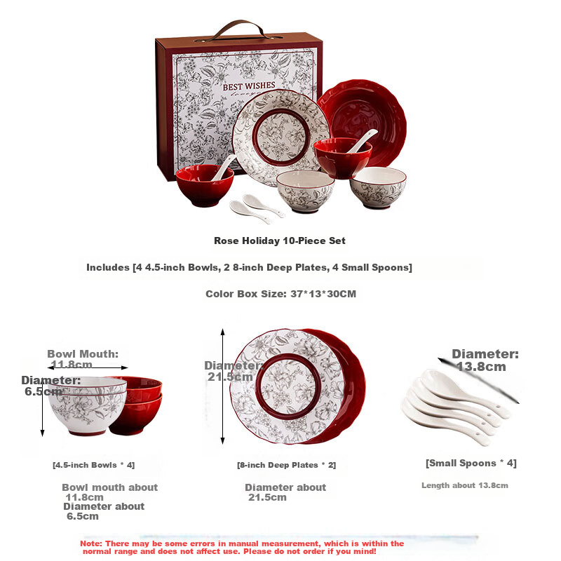 Jiwusenlin Red Gift Box Set of Tableware, Housewarming Gift, Moving Present, Engagement Or Wedding Gift, 10 Pieces