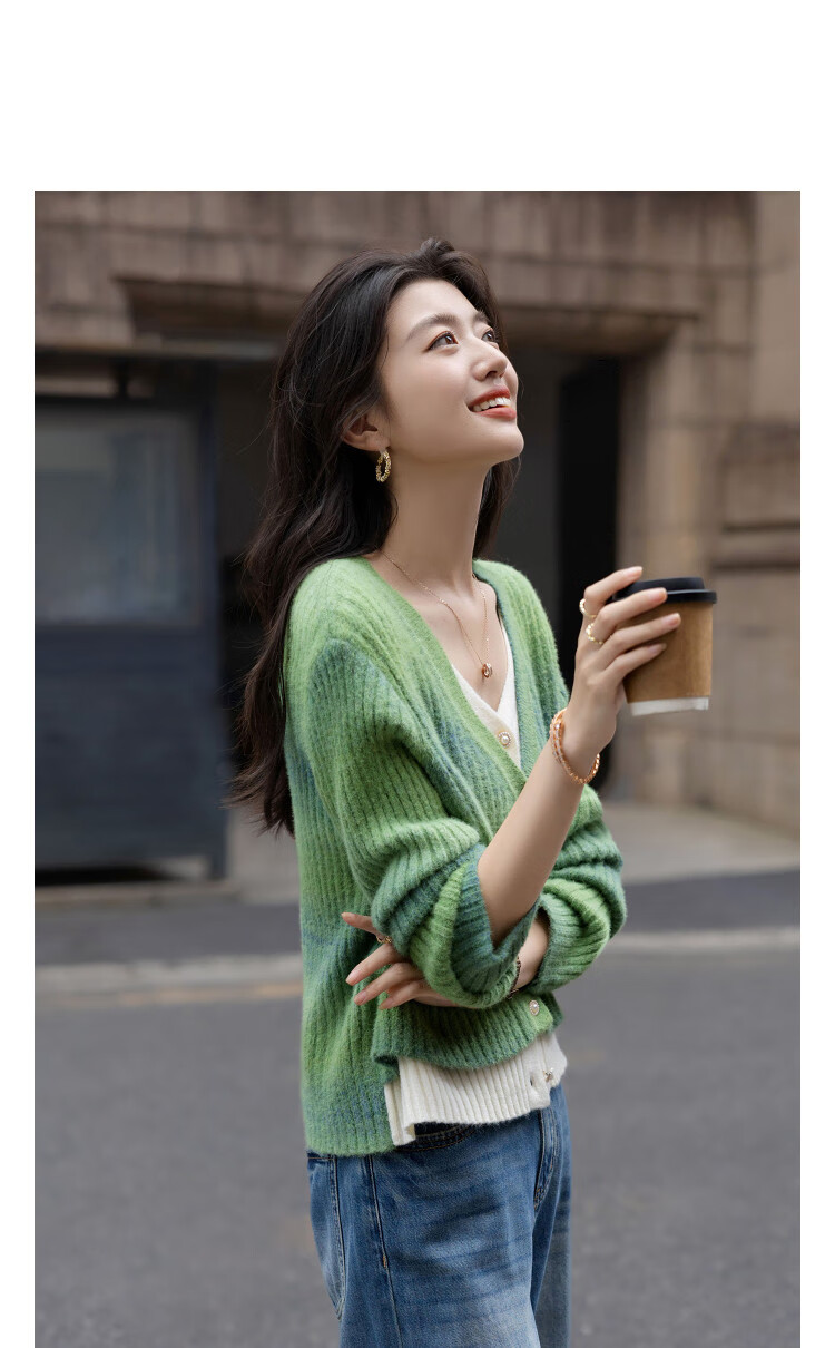 Demana Wool Blend Gradient Dye Cardigan Autumn Two-Piece Look Colorblock V-Neck Sweater with Decorative Buttons for Women 1