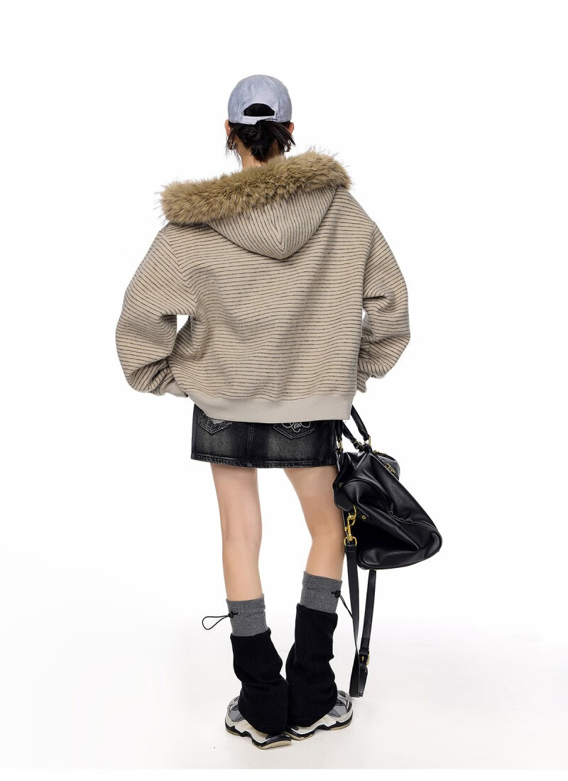 ICH MODE Women's American Style Hooded Striped Jacket with Fur Collar Autumn Winter New Zip-up Sweatshirt Cardigan Black M 28