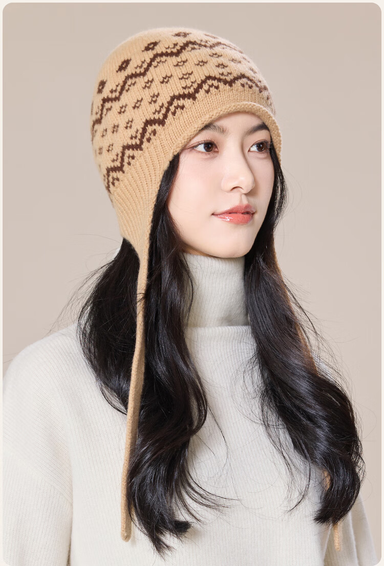 JIUMU Pure Wool Warm Knitted Beanie Autumn Winter Cold Weather Outdoor Ear Protection Hat for Women 5