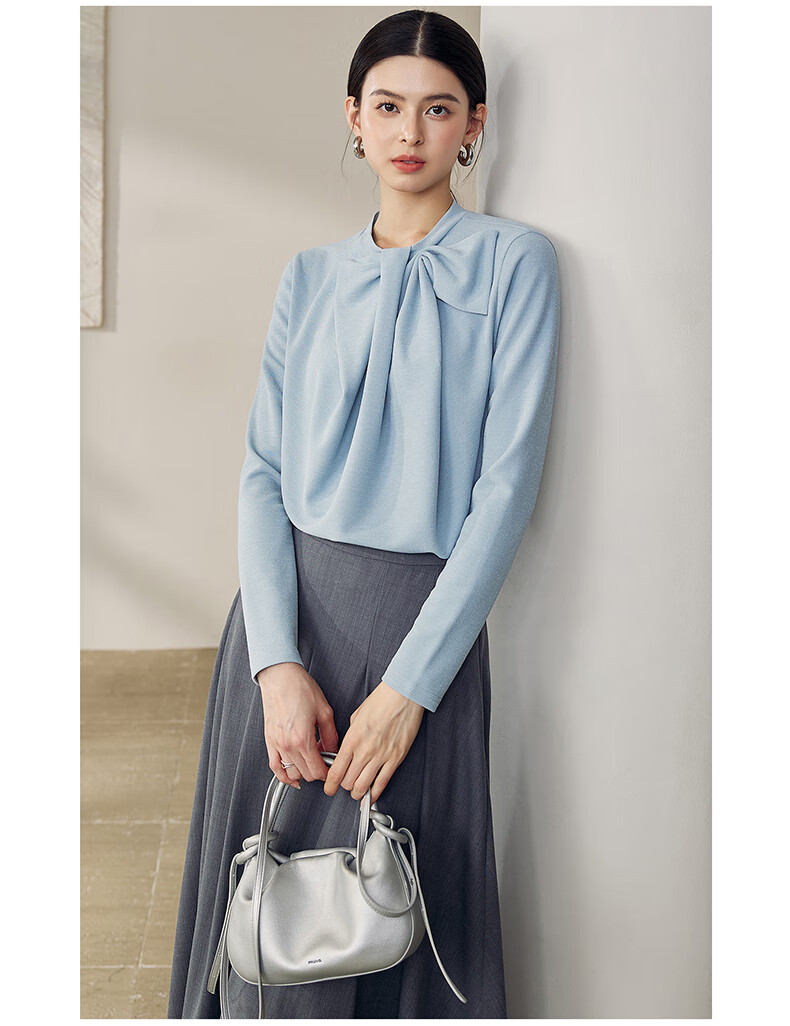 ROEYSHOUSE French Style Shiny Silk Bow Long Sleeve Knit T-Shirt for Women Spring 12691 Dark Blue M 13