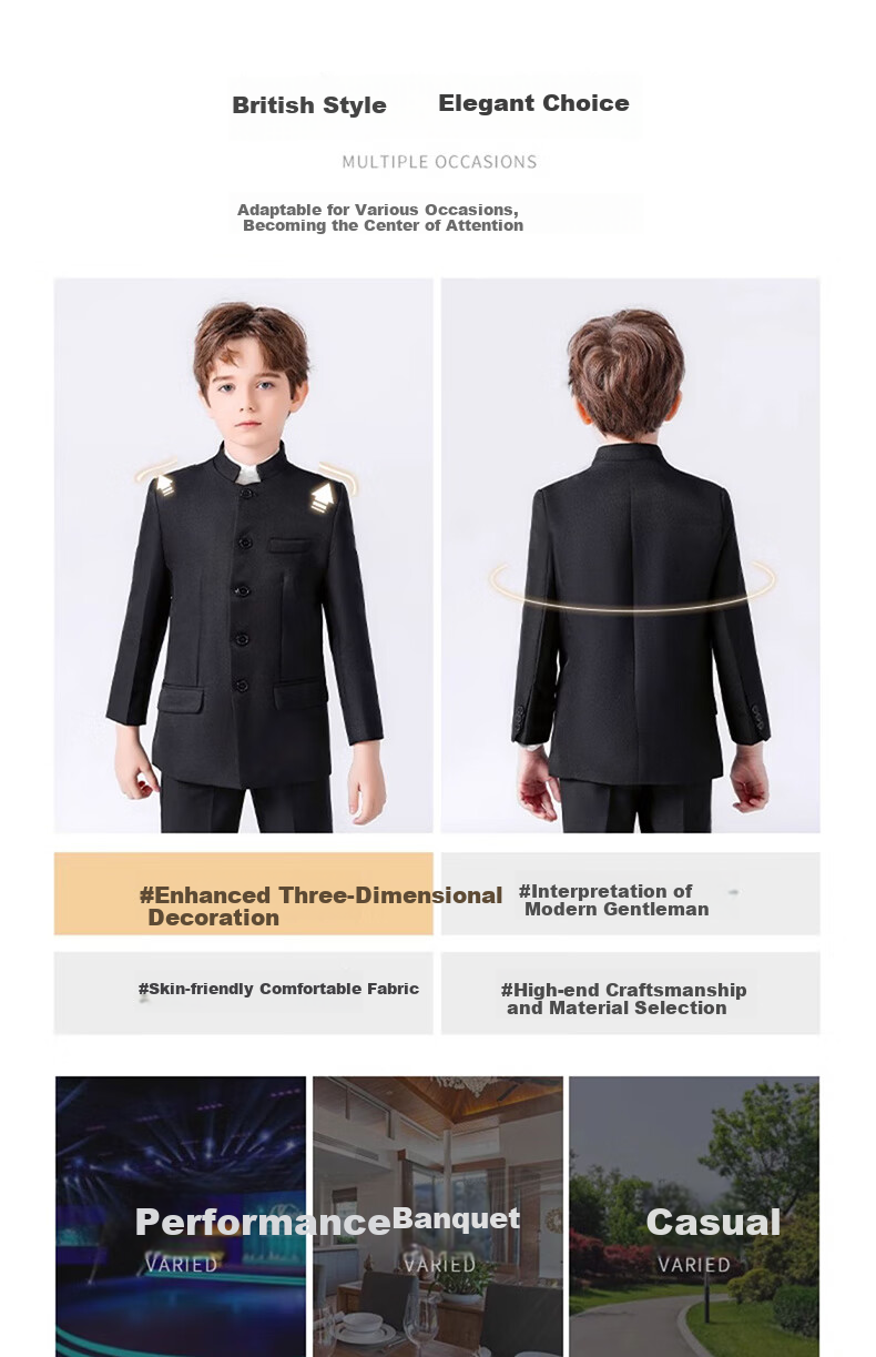 Luomeng Boys' Zhongshan Suit Student Outfit Chinese Style Children's Performance Suit Set, Black Zhongshan Suit Two-Piece Set, Size 110 7