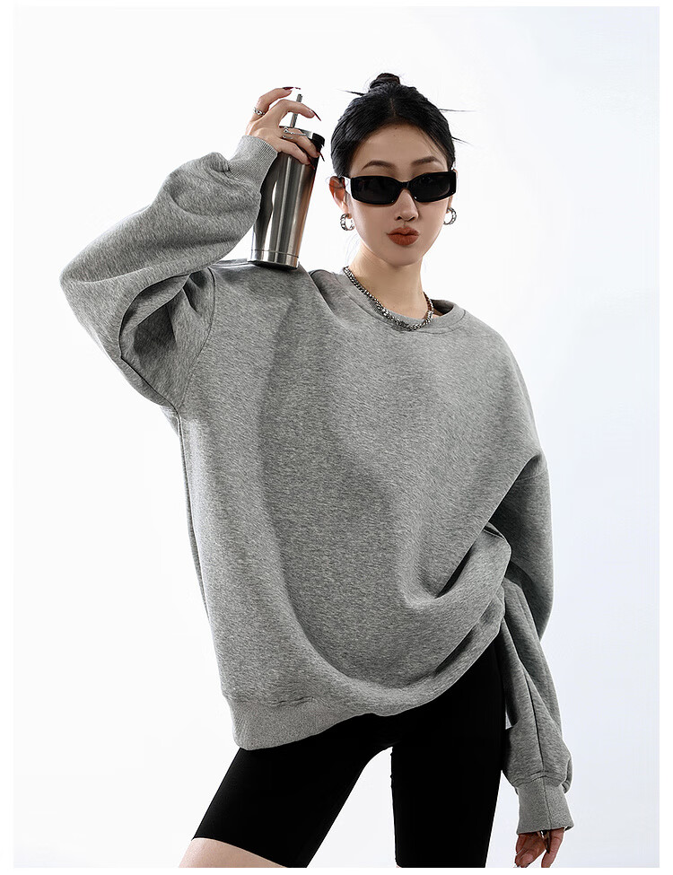 ICH MODE Women's American Style Crew Neck Solid Color Sweatshirt Spring Autumn New Loose Lazy Pullover Long Sleeve Top Black M 6