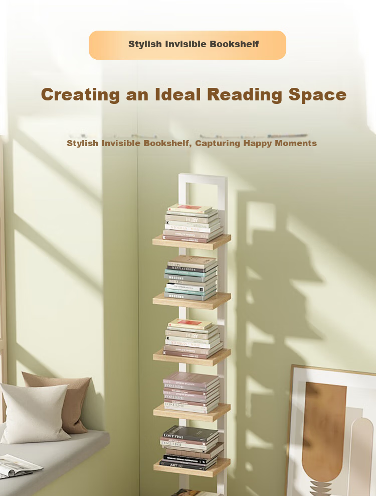 Anerya Invisible Bookshelf, Floor-Standing Wall-Mounted Living Room Corner Shelf, Narrow Gap Storage Rack for Small Books, 6 Tiers 1