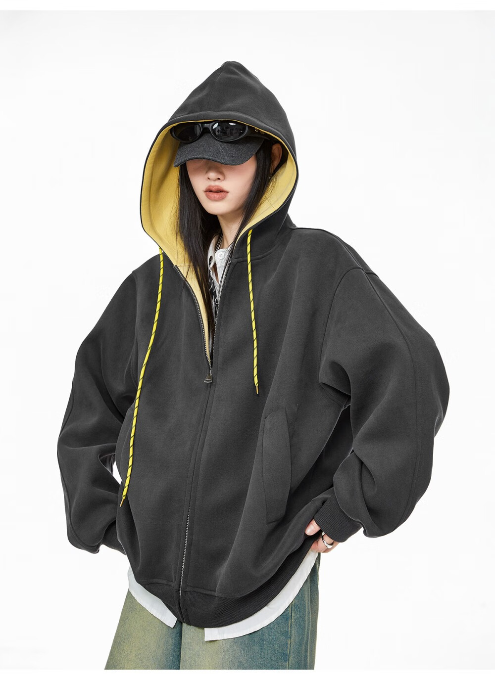 ICH MODE Women's Hoodie American Vintage Loose Fit Zip-up Sweatshirt Spring Autumn New Light Heather Gray L 43