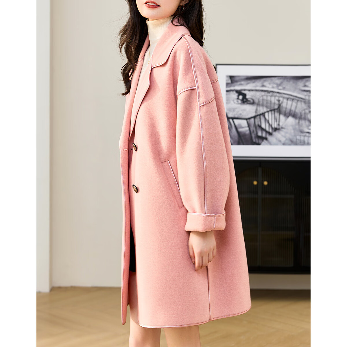 Dme Ladies Daily Autumn Winter Blazer Collar Straight Shoulder Drop Double-Breasted Double-Faced Wool Trimmed Mid-Length Coat for Women