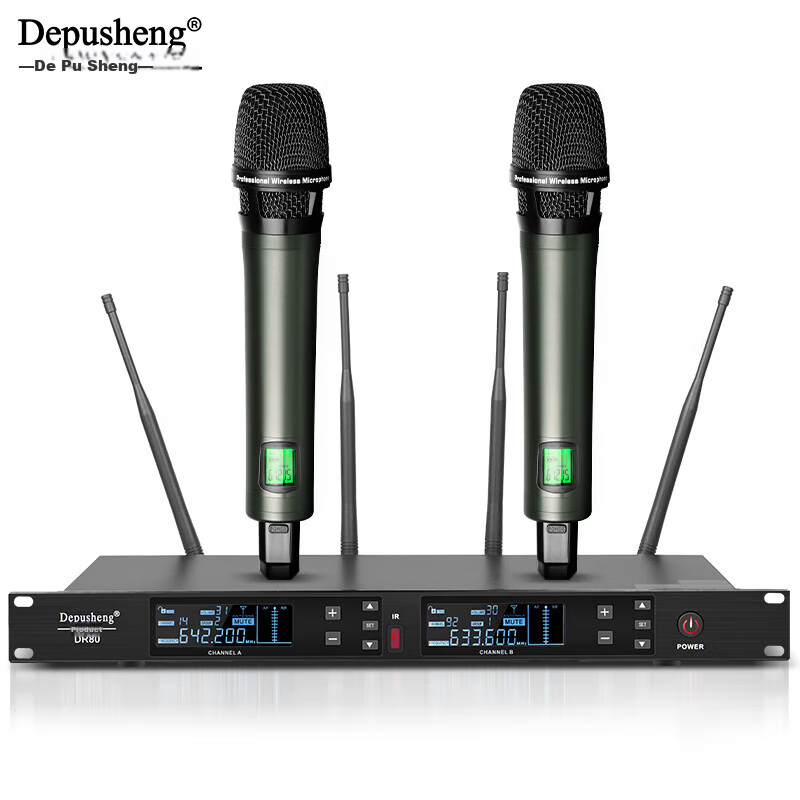 Depusheng DR80 Wireless Microphone System with Two Mics, Professional Stage Performance Singing Hosting Training Lecture Meeting Neck Gooseneck School Wedding Real Split Mic Long-Range U-Frequency Anti-Howling